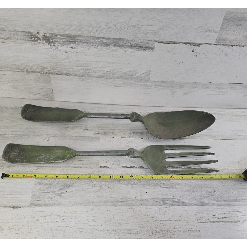 Vintage Style Large Metal Fork and Spoon Wall Decor Set Distressed Green 21"